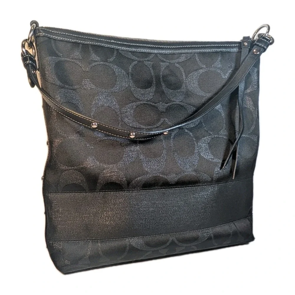 Coach 12904 Black Signature C Lurex Studded Tote Shoulder Bag Leather Trim Purse